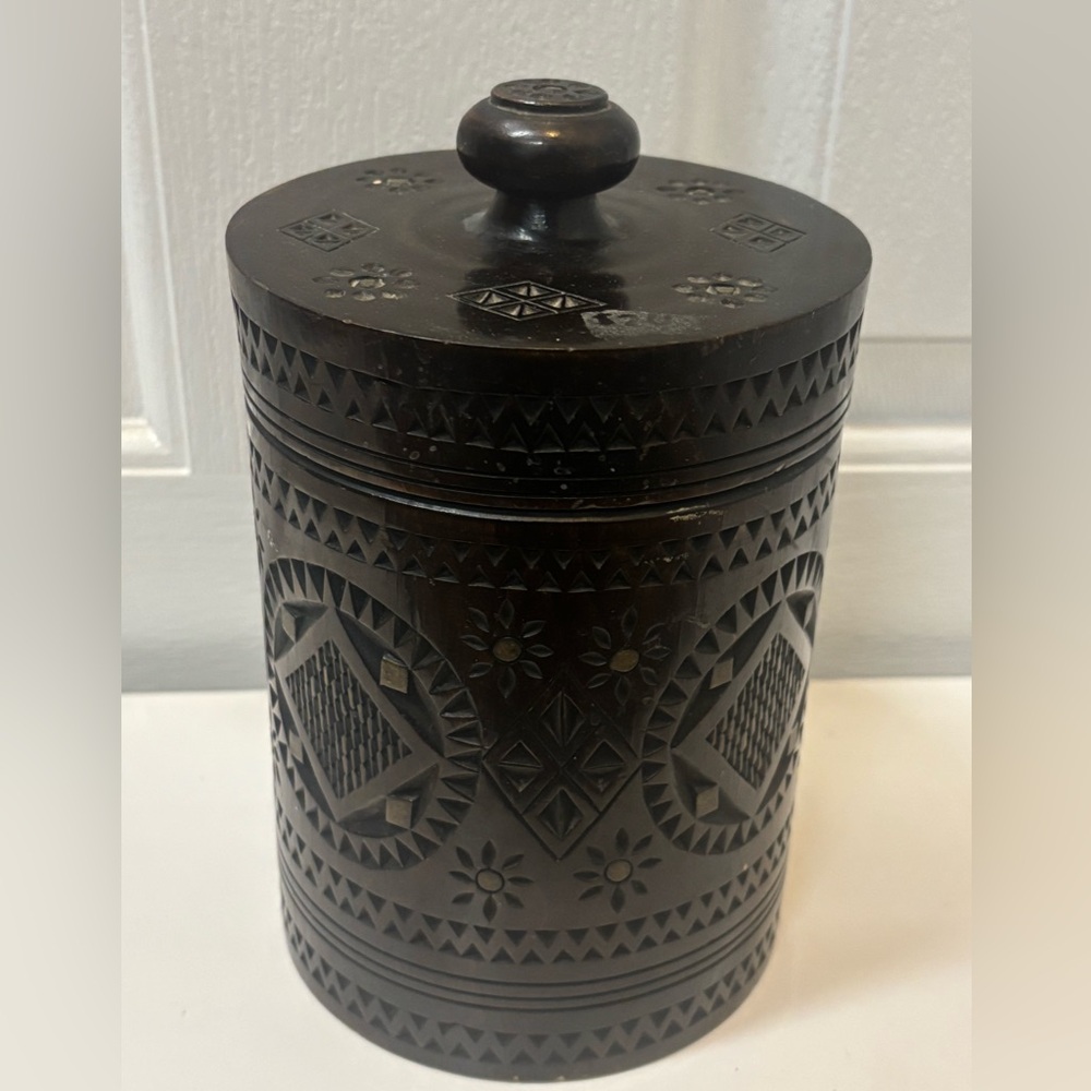 Vintage Dark Brown Carved Wooden Canister 7x4.5”